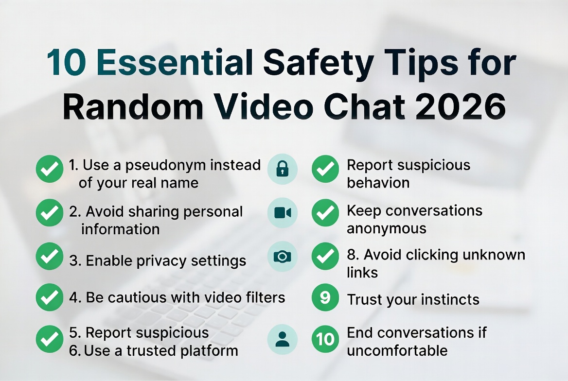 10 Essential Safety Tips infographic for random video chat 2026