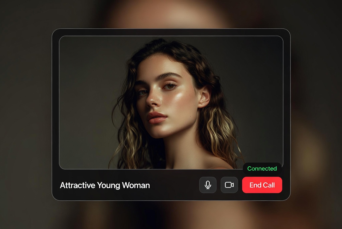 Clean modern random video chat interface showing attractive woman on video call, dark theme, professional UI