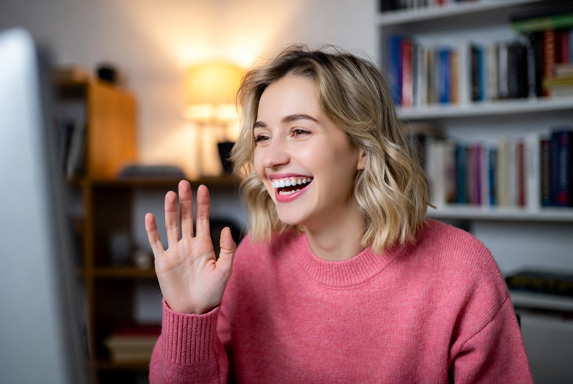 Attractive young woman smiling warmly during live video call on laptop, wearing white blouse, modern bright room, friendly expression