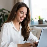 Attractive young woman smiling warmly during live video call on laptop, wearing white blouse, modern bright room, friendly expression