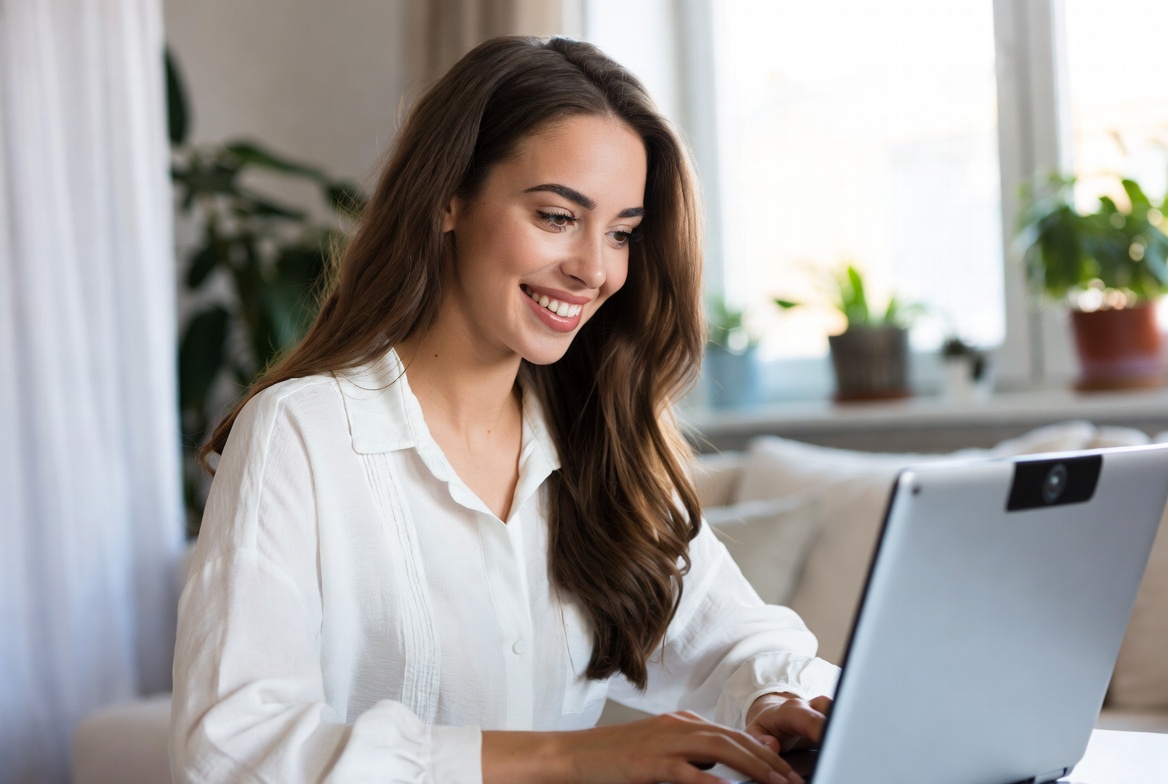 Attractive young woman smiling warmly during live video call on laptop, wearing white blouse, modern bright room, friendly expression