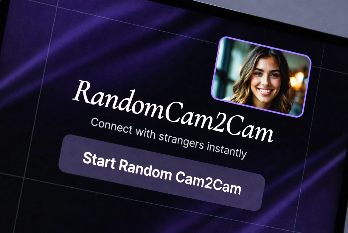 Modern random cam2cam platform homepage with Start Random Cam2cam button, sleek dark design with purple accents