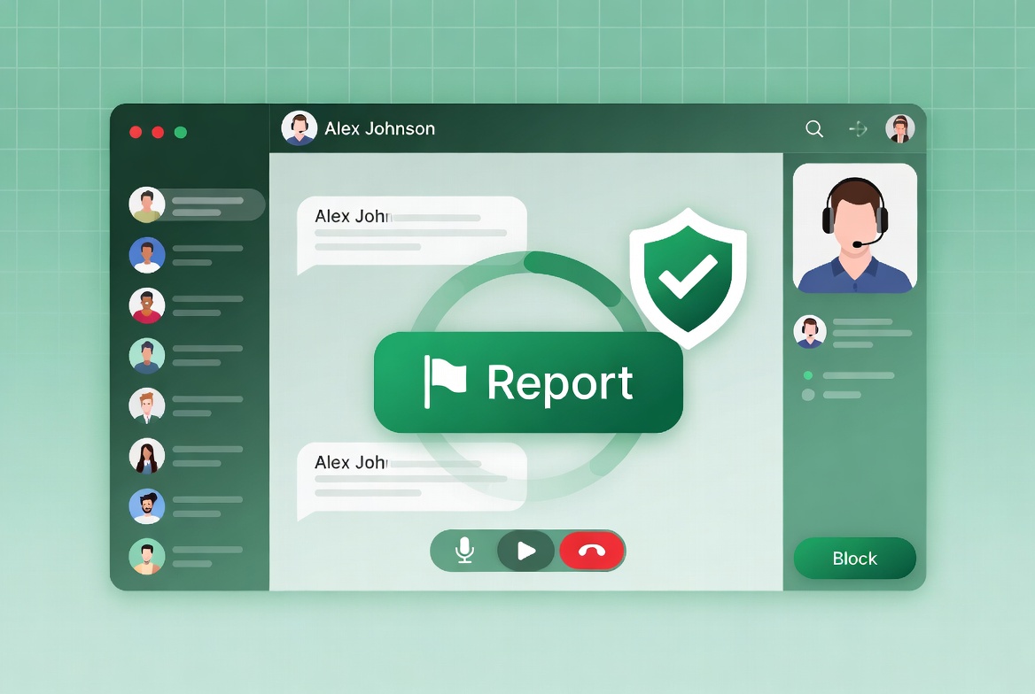 Report button being clicked in video chat interface with shield icon