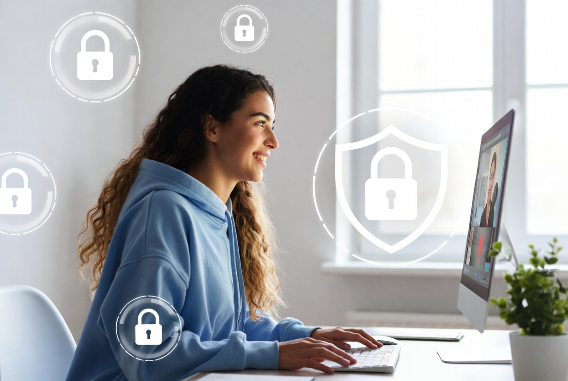 Happy woman using safe random video chat with protection icons