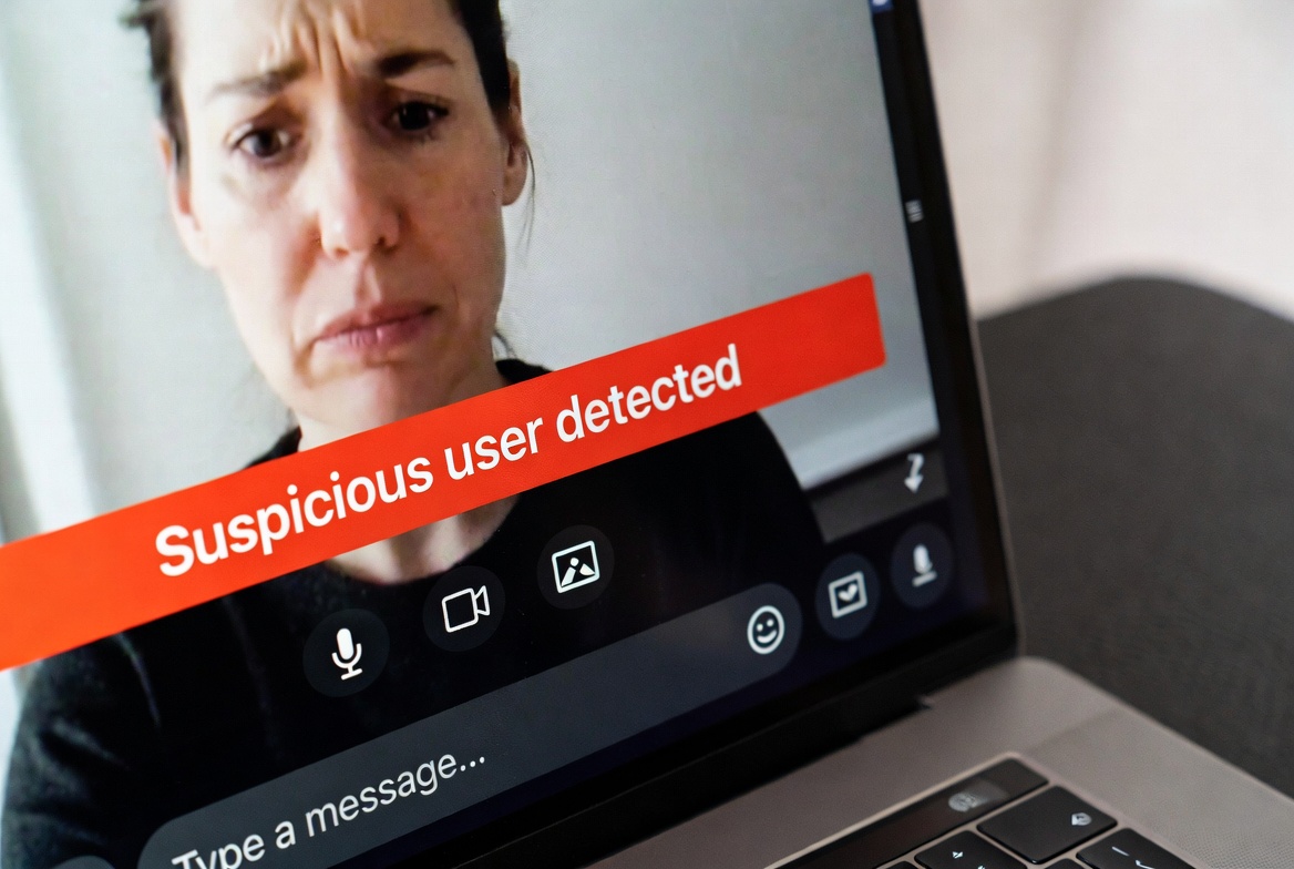 Red warning banner suspicious user detected on video chat screen