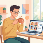 A young man smiling and enjoying a friendly online chat on his laptop