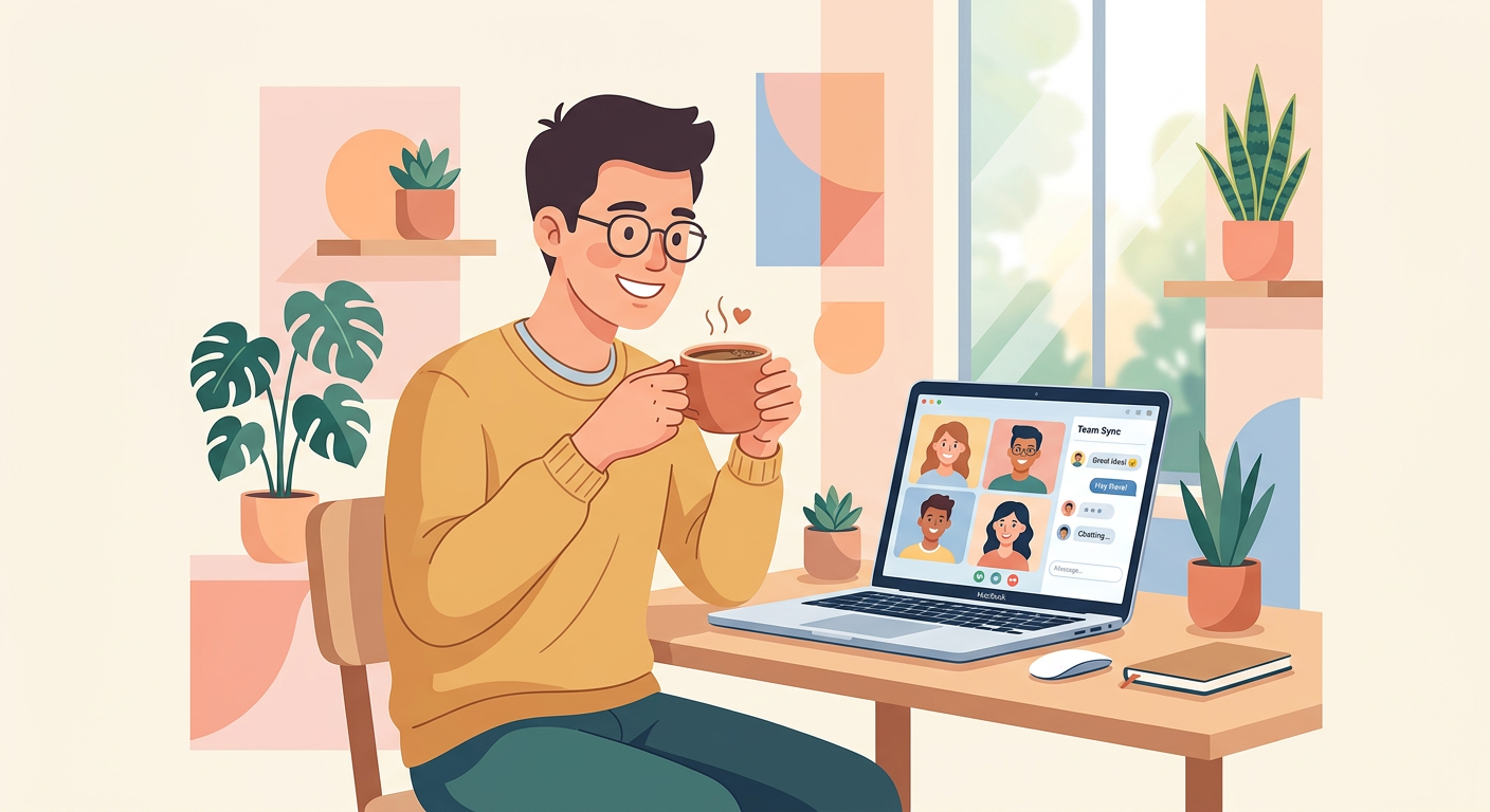 A young man smiling and enjoying a friendly online chat on his laptop
