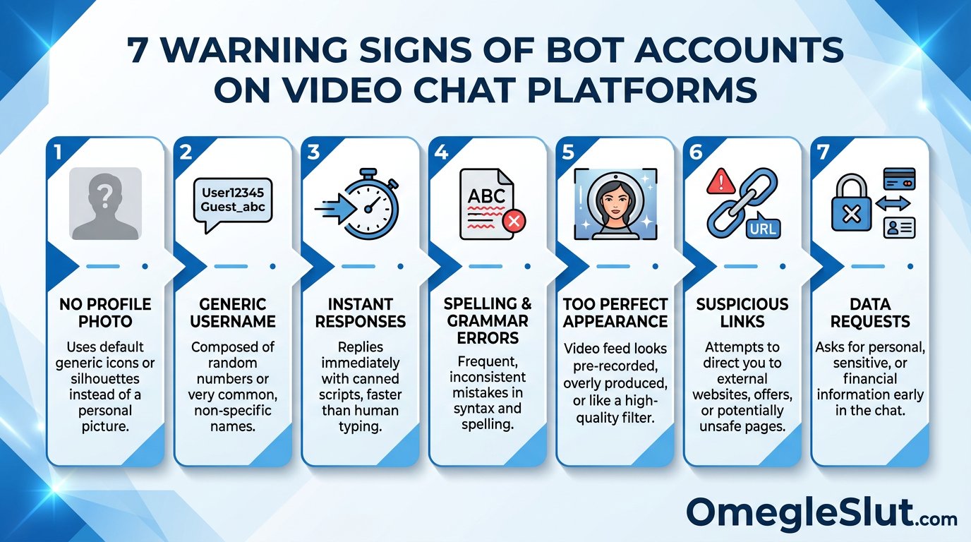Warning signs and bot detection tips infographic for video chat safety