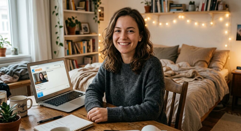 Young woman using text chat on laptop for Omegle alternatives