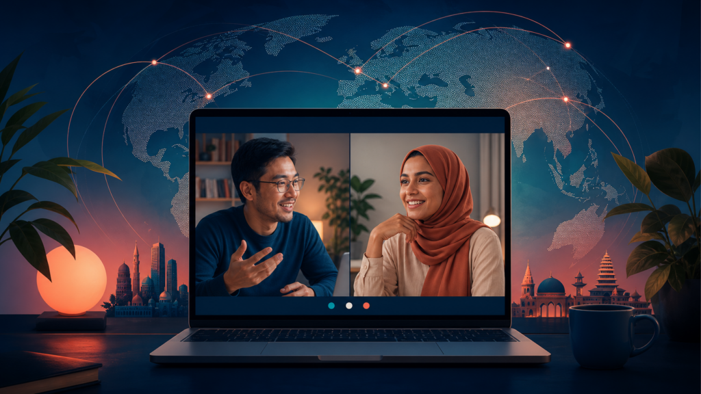 Two adults from different cultures having a respectful online conversation